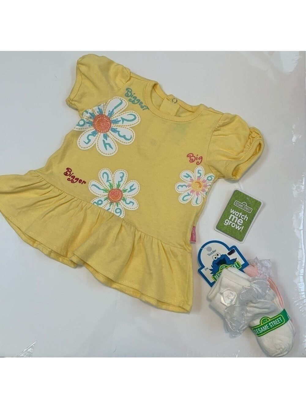 SESAME STREET floral peplum top and frilly dressy socks bundle spring summer